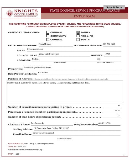 STATE COUNCIL SERVICE PROGRAM AWARDS ENTRY FORM