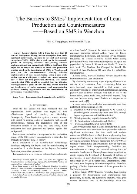 The Barriers to SMEs' Implementation of Lean Production and ... - ijimt