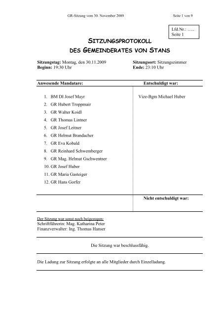 Gemeinderatssitzung am 30.11.2009 (50 KB) - .PDF - Stans