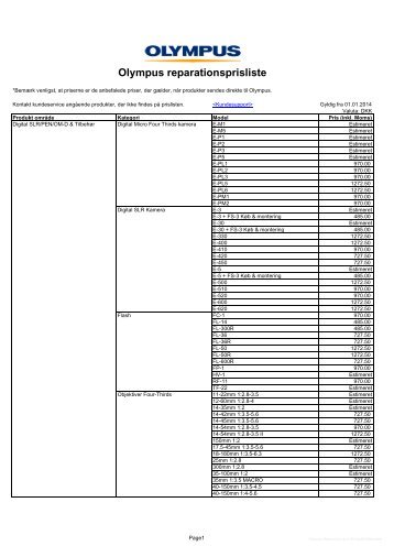 Prisliste for reparation - Olympus
