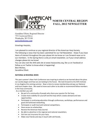 north central region fall, 2012 newsletter - American Harp Society