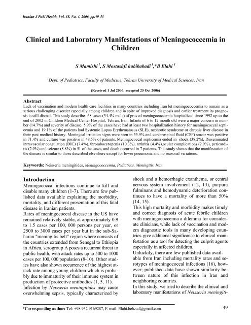 Clinical and Laboratory Manifestations of Meningococcemia in ...