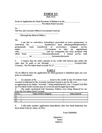 FORM XV- Application for Final payment of PF - stg1.kar.nic.in