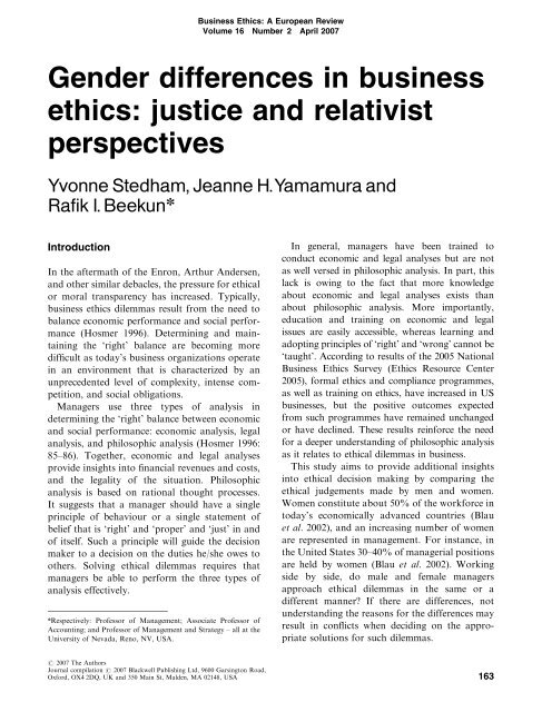 Gender differences in business ethics - College of Business ...