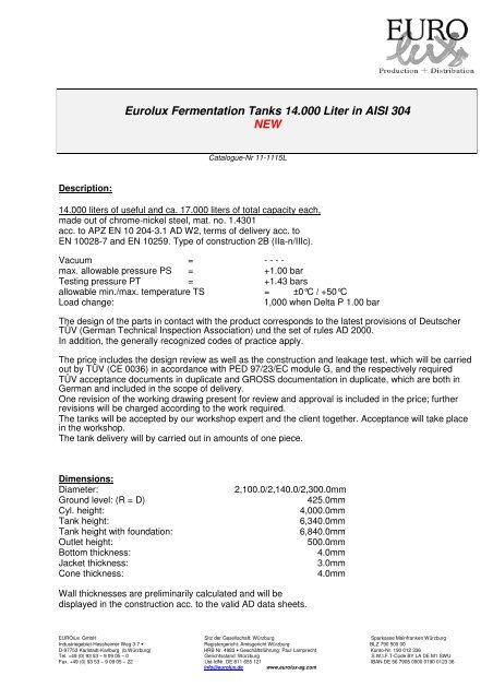 Eurolux Fermentation Tanks 14.000 Liter in AISI 304 ... - Eurolux AG