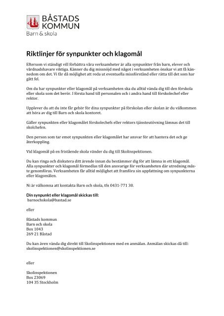 Riktlinjer för synpunkter och klagomål.pdf, 87 kB - Båstads kommun