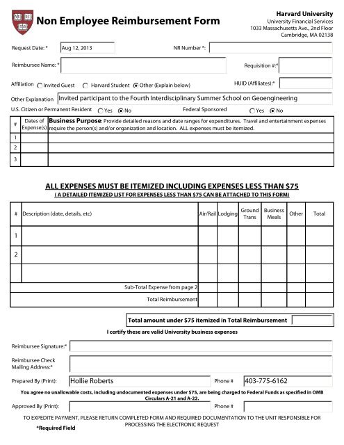 Non Employee Reimbursement Form - Harvard University