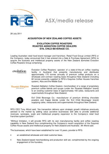 Acquisition of New Zealand Coffee Assets - Retail Food Group