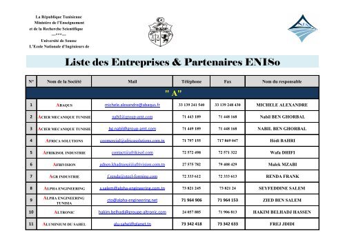 Liste des Entreprises & Partenaires Eniso - Ecole Nationale d ...