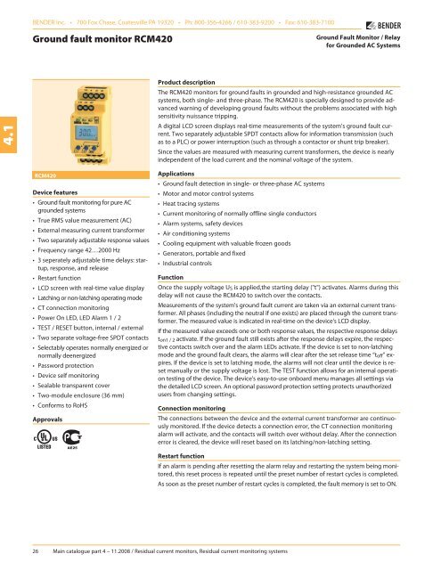 Ground fault monitor RCM420 - Bender