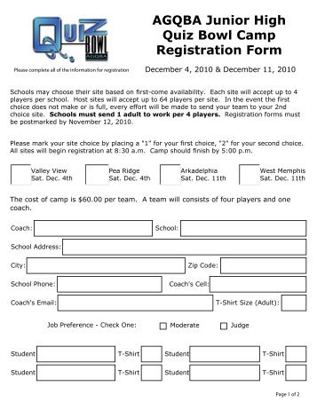 AGQBA Junior High Quiz Bowl Camp Registration Form