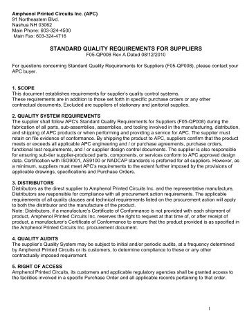 standard quality requirements for suppliers - Amphenol Aerospace