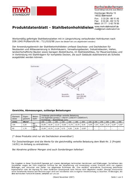 Produktdatenblatt - Stahlbetonhohldielen