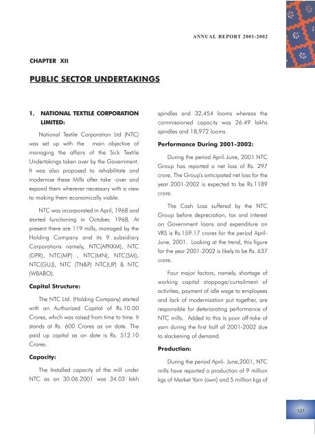 PUBLIC SECTOR UNDERTAKINGS - Ministry of Textiles