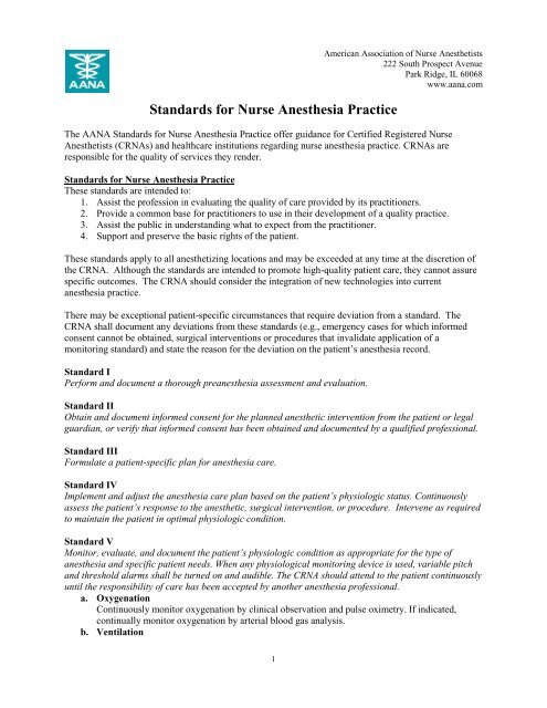 Standards for Nurse Anesthesia Practice - American Association of ...