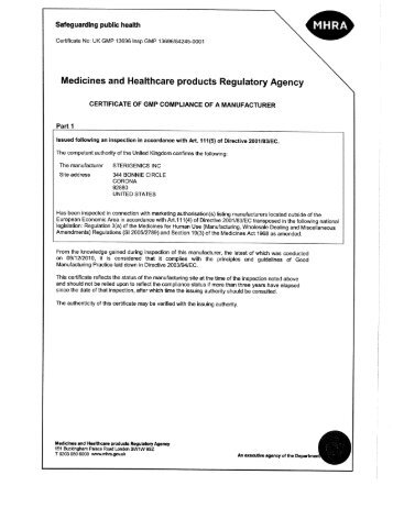 USA - MHRA-GMP Certificate from U.K. - Corona - Sterigenics