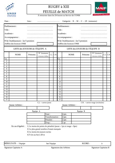 Feuille de Match Rugby Ã  XIII bis