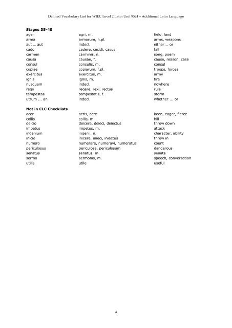 Defined Vocabulary List for WJEC Level 2 Latin Unit 9524 ...