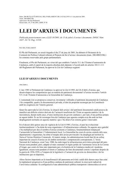 LLEI D'ARXIUS I DOCUMENTS - DiputaciÃ³ de Barcelona