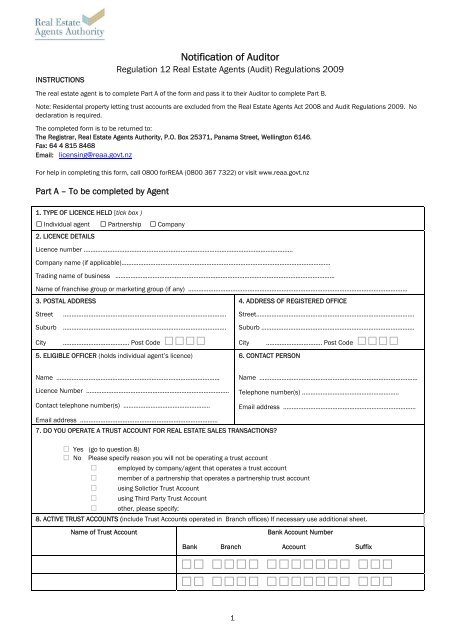 Notification of Auditor Form - Real Estate Agents Authority
