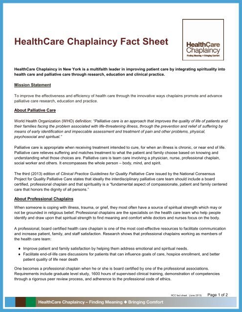 Read fact sheet. - HealthCare Chaplaincy