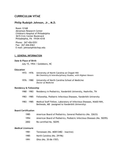 curriculum vitae - The Children's Hospital of Philadelphia - Research ...