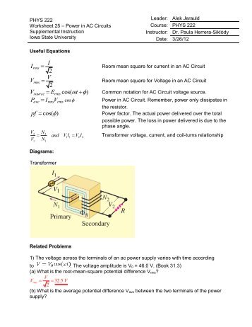 PHYS 222 Worksheet 25 Power in AC Circuits ANSWERS