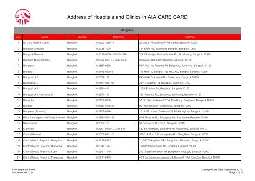 Address of Hospitals and Clinics in AIA CARE CARD - AIA.com