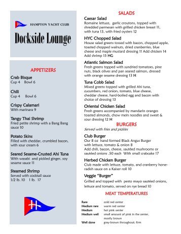 dockside dining menu - Hampton Yacht Club