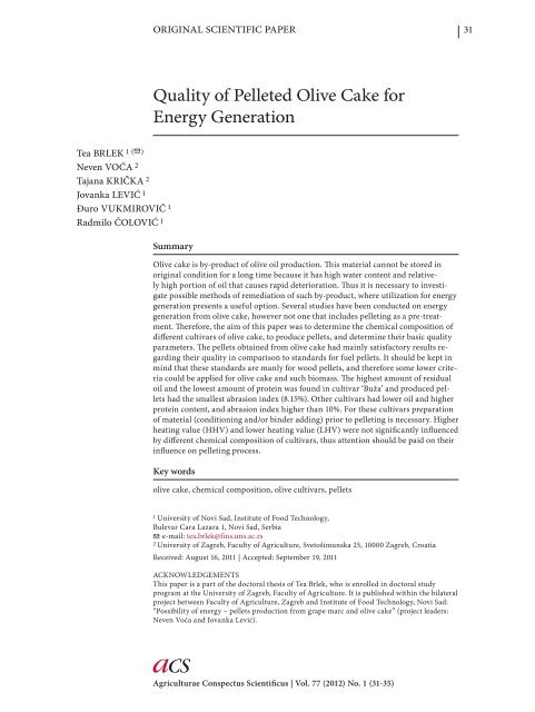 Quality of Pelleted Olive Cake for Energy Generation