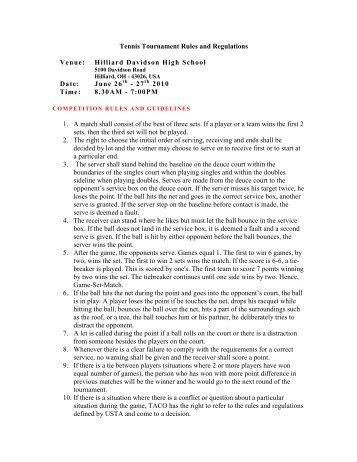 Tennis Tournament Rules and Regulations Venue: Hilliard ...