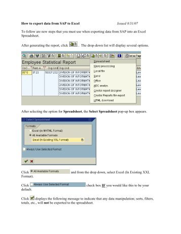 How to export data from SAP to Excel Issued 8/31/07 To follow are ...