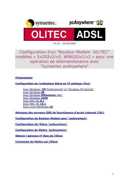 Configuration d'un &quot;Routeur-Modem OLITEC&quot; modÃƒÂ¨les Ã‚Â« Sx202v2  ...