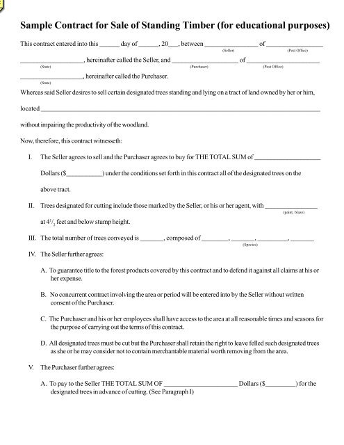 Sample Contract For Sale Of Standing Timber for Educational 