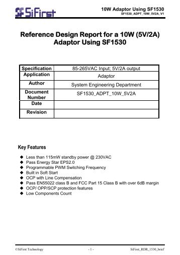 Reference Design Report for a 10W (5V/2A) Adaptor Using SF1530