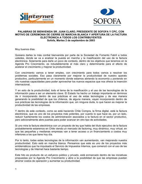 Discursos Sres. Juan Claro (Sofofa) y Juan Toro - Servicio de ...