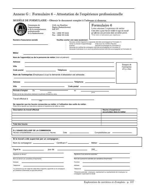 Annexe G : Formulaire 6 â Attestation de l'expÃ©rience ...