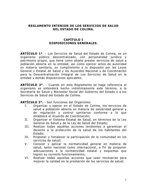 Reglamento Interior de los Servicios de Salud del Estado de Colima