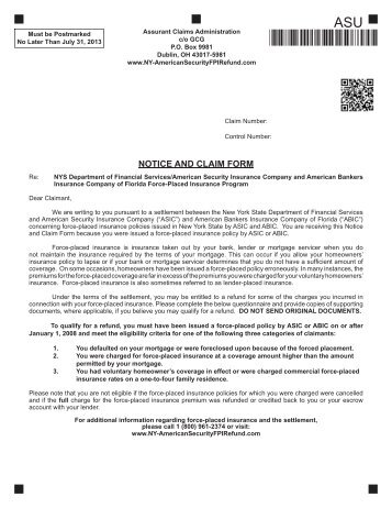 Notice and Claim Form - Department of Financial Services - New ...