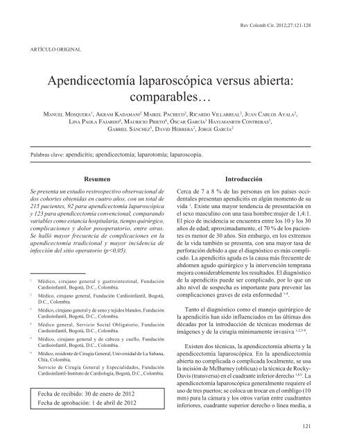 ApendicectomÃ­a laparoscÃ³pica versus abierta ... - SciELO Colombia