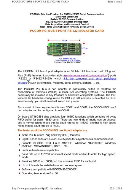 PCCOM PCI BUS 8 PORT RS 232 ISOLATOR CARD - Wantronix