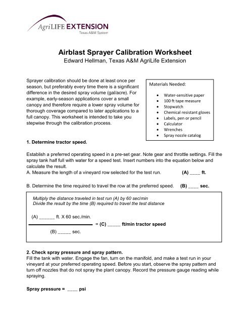 Airblast Sprayer Calibration Worksheet - the Texas Winegrape ...