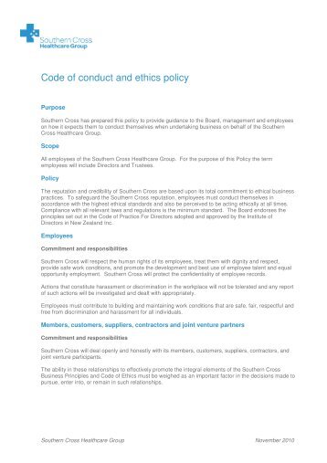 Code of conduct and ethics policy - Southern Cross Healthcare