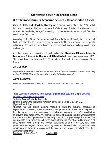 Economics & Business articles Links 2012 Nobel Prize in Economic ...