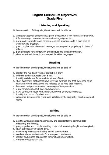 English Curriculum Objectives Grade Five