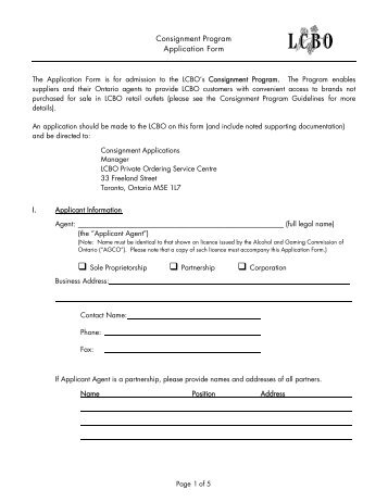 Consignment Program Application Form - Doing Business with LCBO