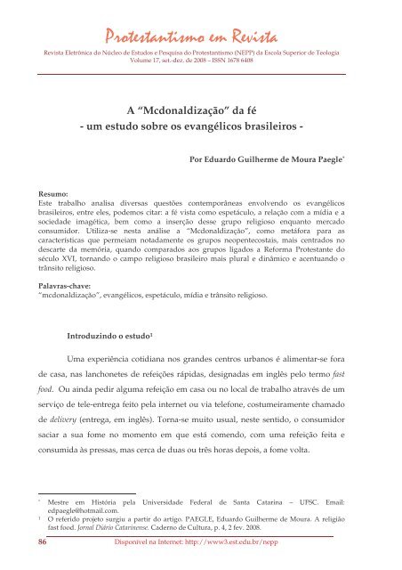 "Mcdonaldização" da fé - um estudo sobre os evangélicos brasileiros