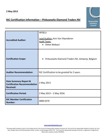 RJC Certification Information – Pinkusewitz Diamond Traders NV