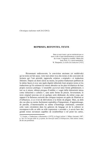 REPRISES, REFONTES, TEXTE - Chroniques italiennes - UniversitÃƒÂ© ...