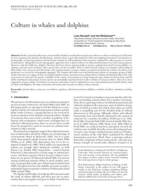 Culture in whales and dolphins - Whitelab Biology Dal - Dalhousie ...